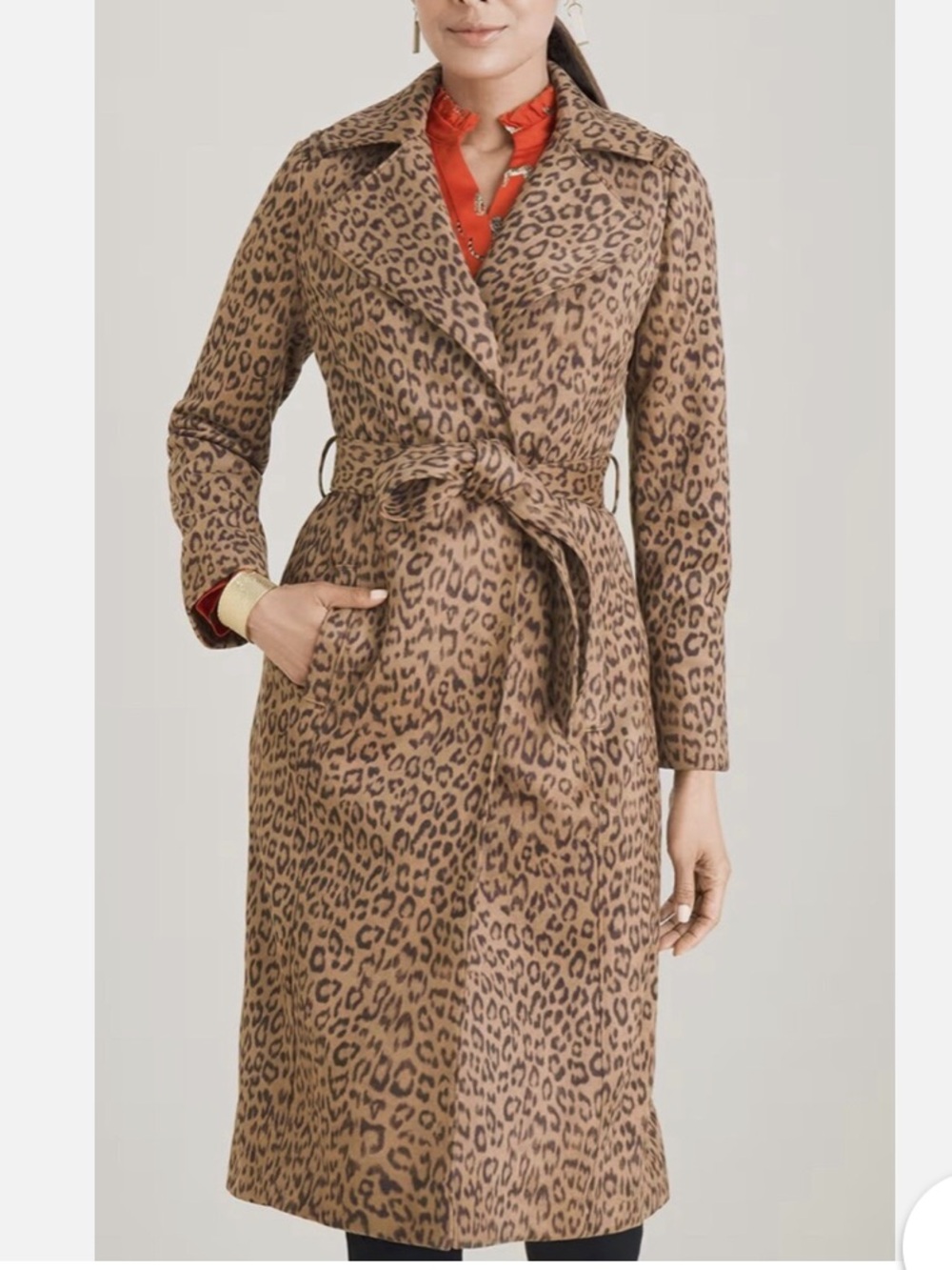 Chico's Leopard-Print Faux-Suede Belted Trench Coat - Brown